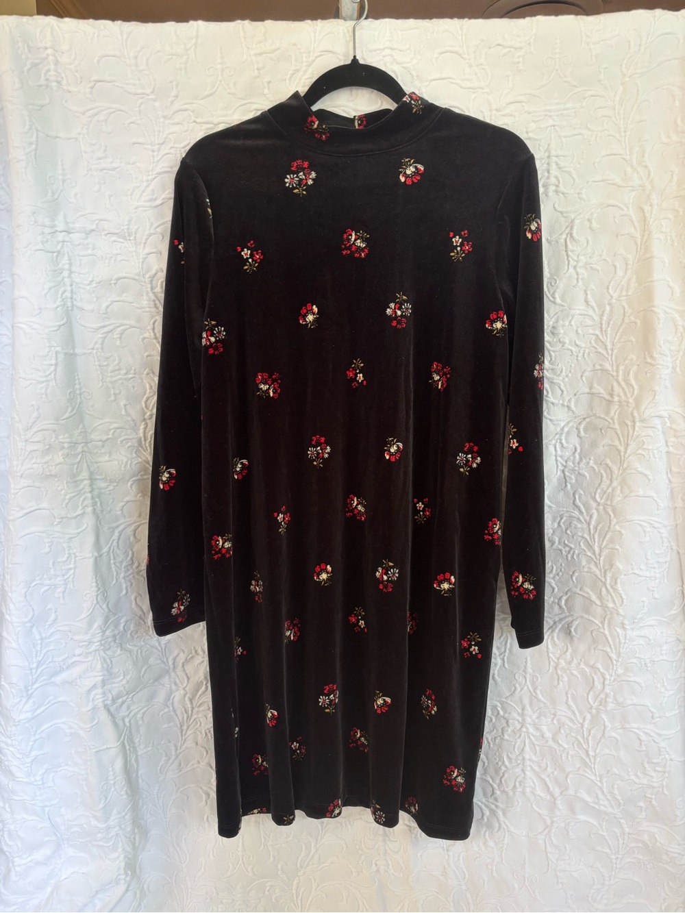 LOFT Black Velvet Long-Sleeve Floral Mock Neck Dress
